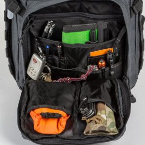 The 5.11 Tactical RUSH12 backpack is a 24L capacity backpack with MOLLE and lots of internal storage options. Here we see some of the internal compartments.