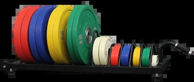 American Barbell Horizontal Rolling Bumper Storage full view with colorful plates