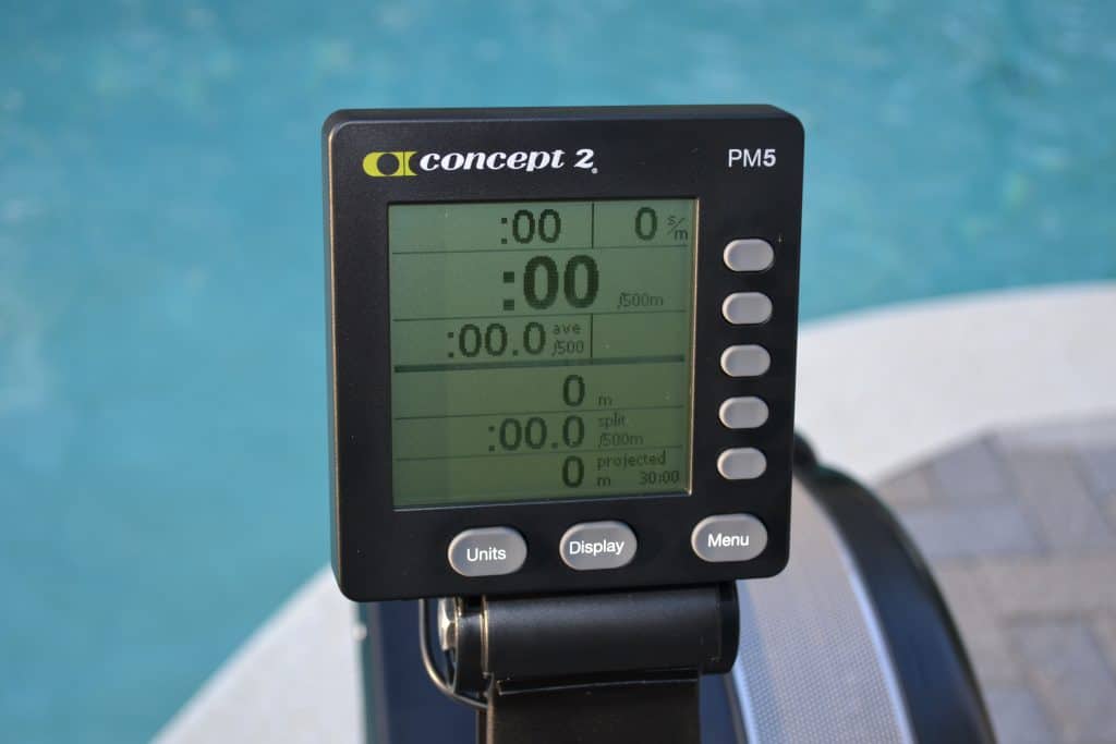 PM5 Electronic monitor of the Concept 2 Model D Indoor Rower - batteries are pre-installed and it comes mounted to the unit - for hassle free assembly.