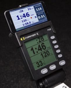 Photo showing a smart phone in the smartphone cradle on a Concept 2 rower