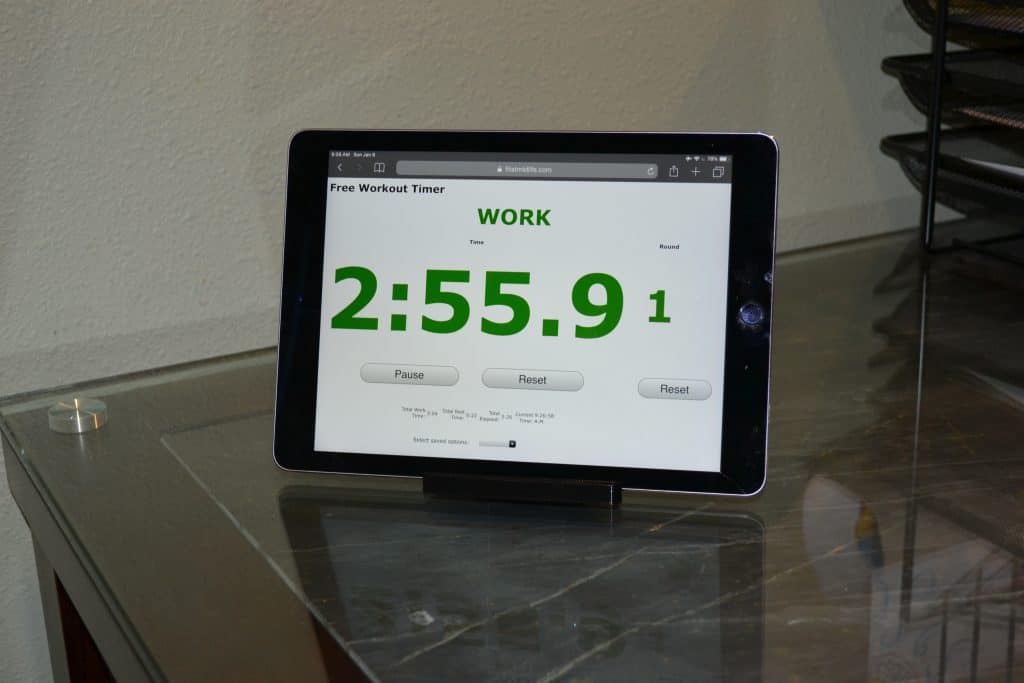 Gym closed due to Coronavirus or COVID-19? The Fit At Midlife Free Workout Timer works great with an iPad and tablet stand to make a great, low-cost gym, fitness, or exercise timer.
