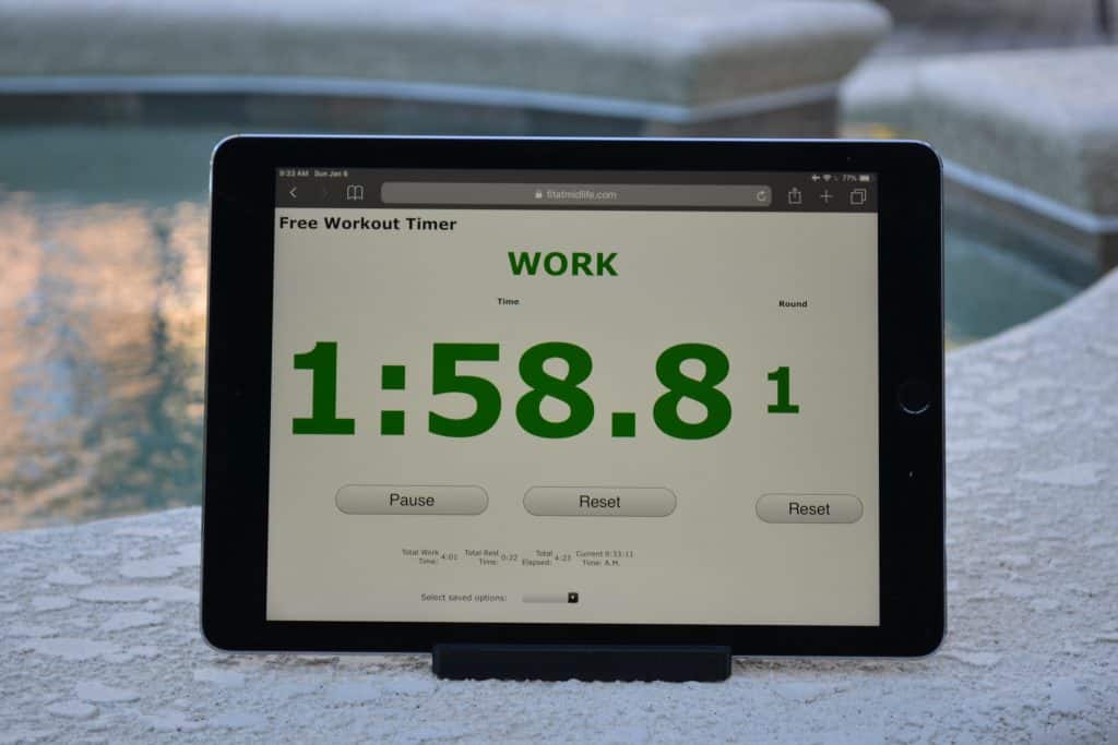 The Fit At Midlife Free Workout Timer works great with an iPad and tablet stand to make a great, low-cost gym, fitness, or exercise timer.