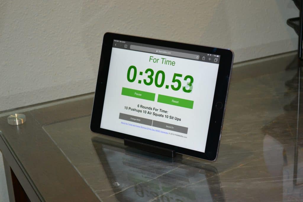 The Fit At Midlife Home and Travel WOD Generator works great on iPads, iPhones, and other devices like Android.  Combine with an iPad and a simple tablet stand and you have a low-cost, effective, portal timing solution for fitness and exercise - anywhere!