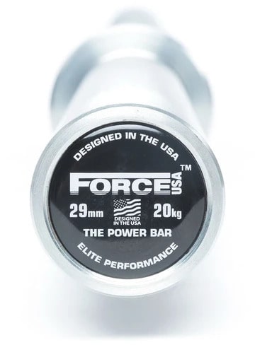 Force USA Powerlifting Barbell end view with logo-crop