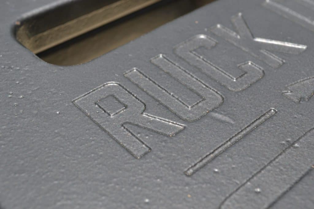 Closeup of finish on the Ruck Plate from GORUCK