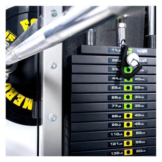 Monster G6 Power Rack, Functional Trainer & Smith Machine Combo selectorized weight stack provides 220 lbs of resistance with a 2:1 pulley ratio for both stacks. Need more? Add some bands