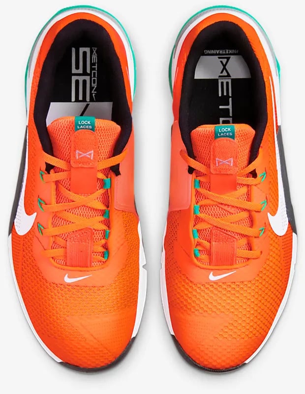 Nike Metcon 7 Total Orange Dark Smoke Grey Clear Emerald White top view pair