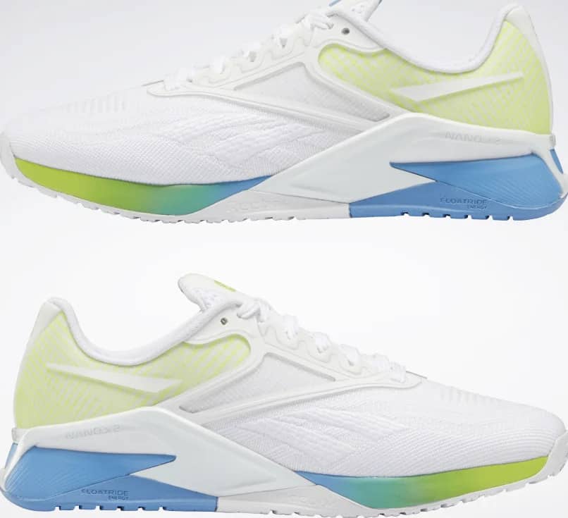 Reebok Nano X2 Ftwr White Essential Blue Acid Yellow Ftwr White Essential Blue Acid Yellow upside down pair