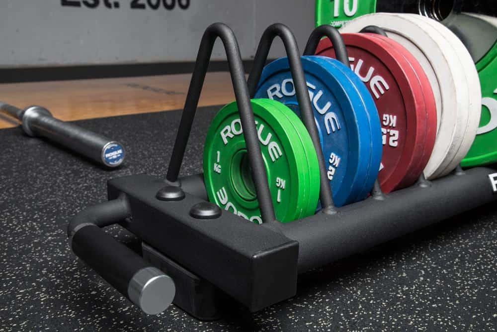 Rogue Competition Bumper Plate Cart with plates close up