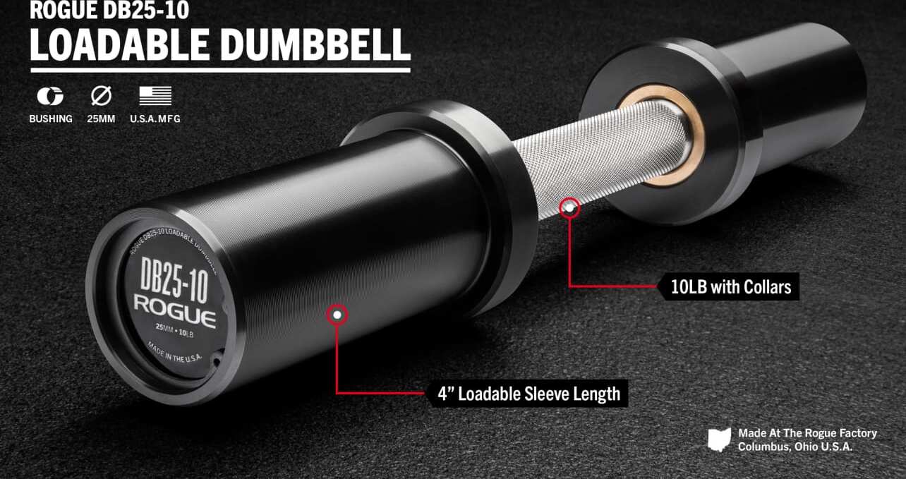 Rogue DB2510 Loadable Dumbbell now available in Stainless Steel Fit