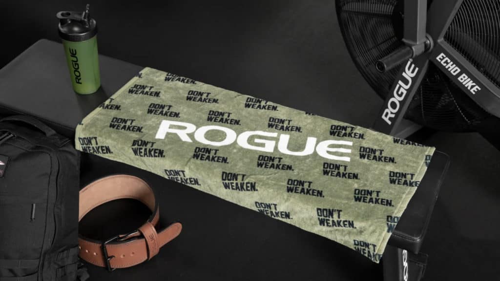 Rogue Dont Weaken Gym Towel on a bench