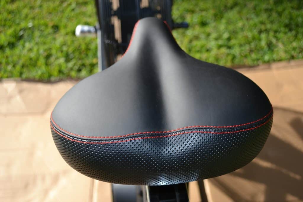 The comfortable, padded seat (or saddle) on the Rogue Echo Bike. Is it comfortable? Yes.
