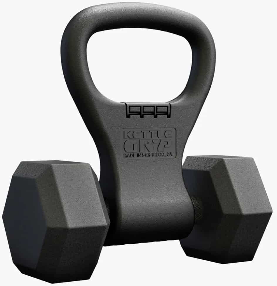 Rogue Fitness Kettle Gryp black on a dumbbell