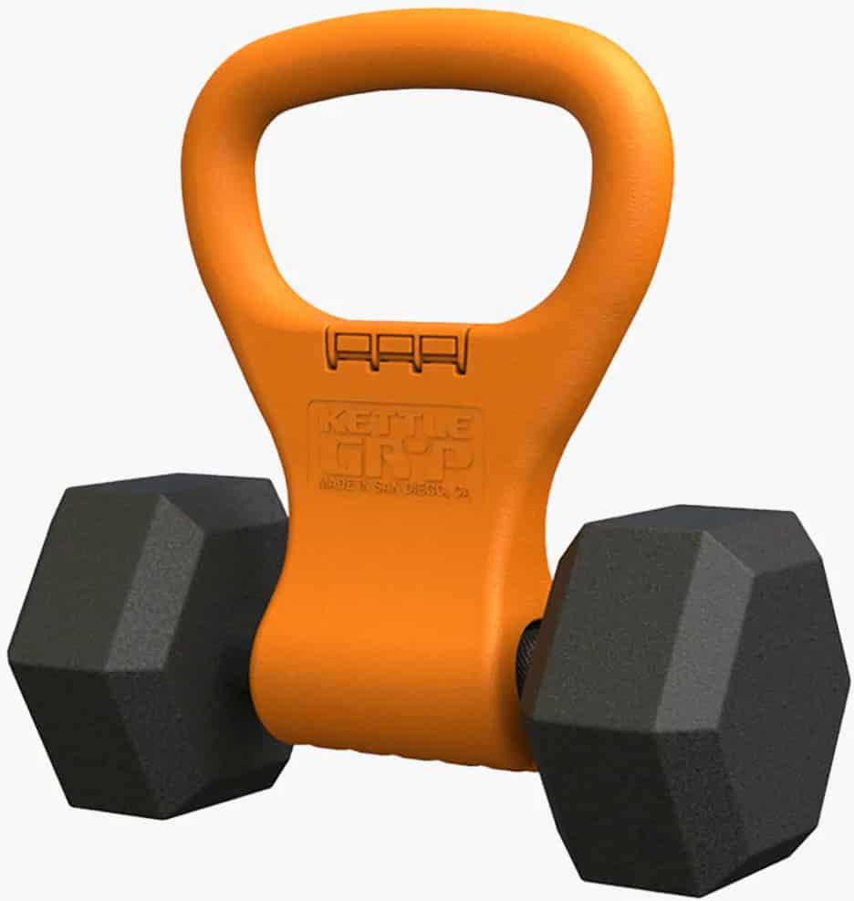 Rogue Fitness Kettle Gryp orange on a dumbbell