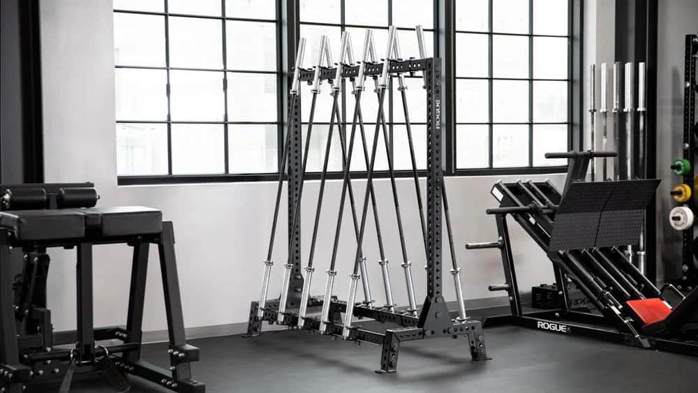 Rogue Monster Lean-To Bar Rack full view with barbells