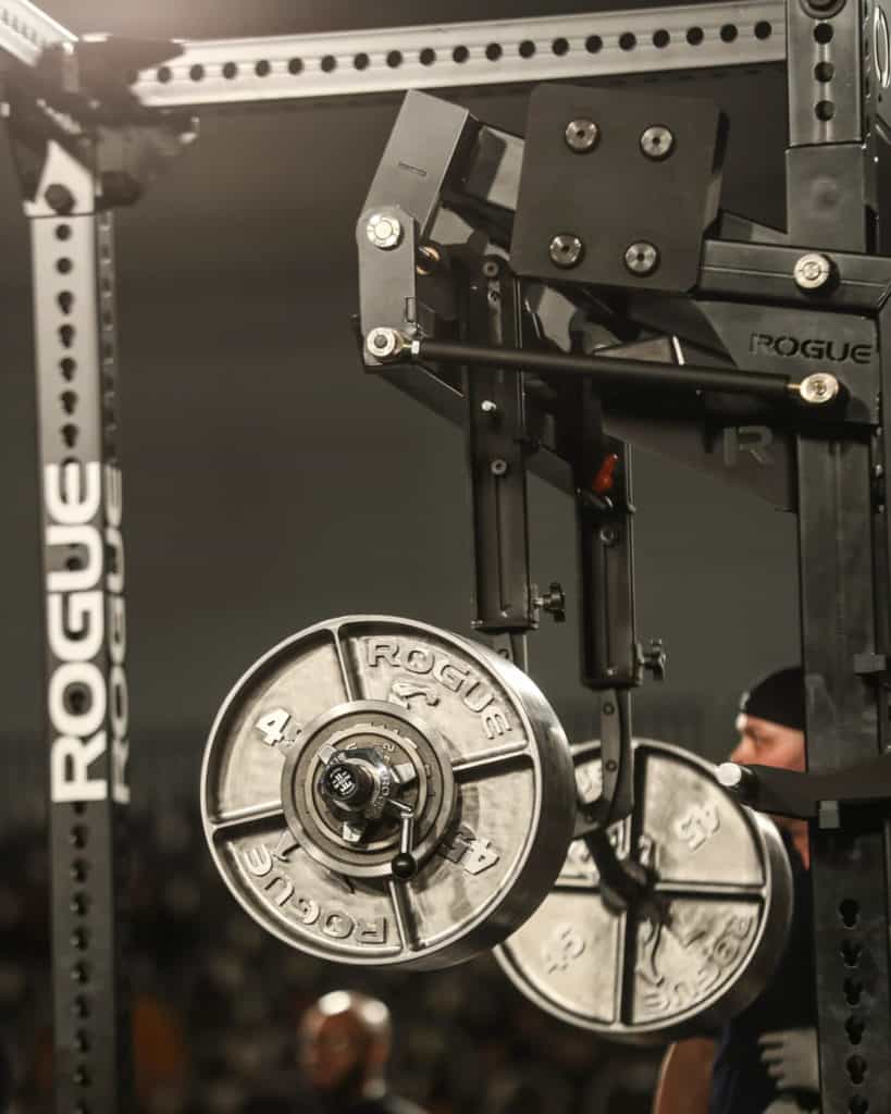 Rogue RM44-4MONO 4 Post Monolift with a barbell