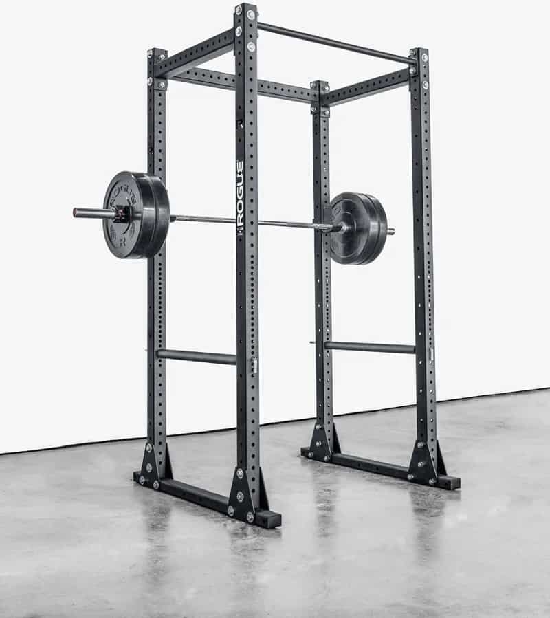 Rogue RML-390F Flat Foot Monster Lite Rack with a barbell
