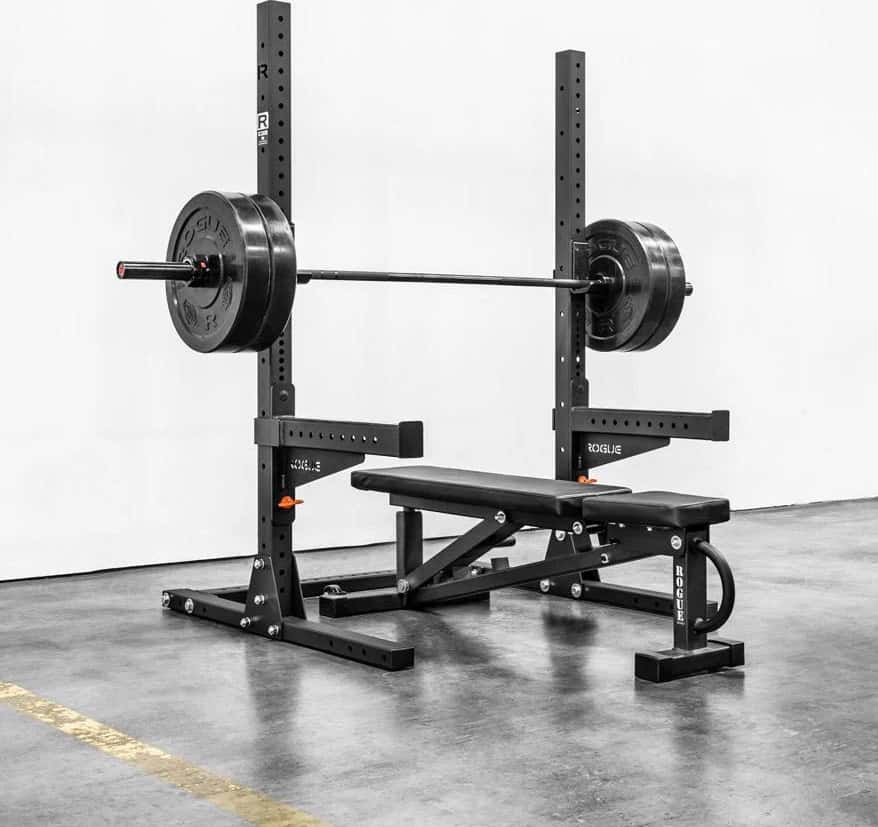 Rogue SML-1 Rogue 70 Monster Lite Squad Stand with barbell and bench