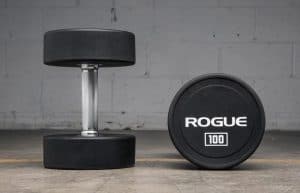 Rogue Urethane Dumbbells are sold in pairs and available in 5LB increments up to 150LB. As an alternative to traditional rubberized bells, this design features solid steel heads with a durable, shock-absorbent urethane plating, fully over-molded to the center. The heads are welded to a 6" straight hardened chrome handle to create a solid, single-piece dumbbell that moves fluidly and compactly and won’t damage your flooring on a drop.