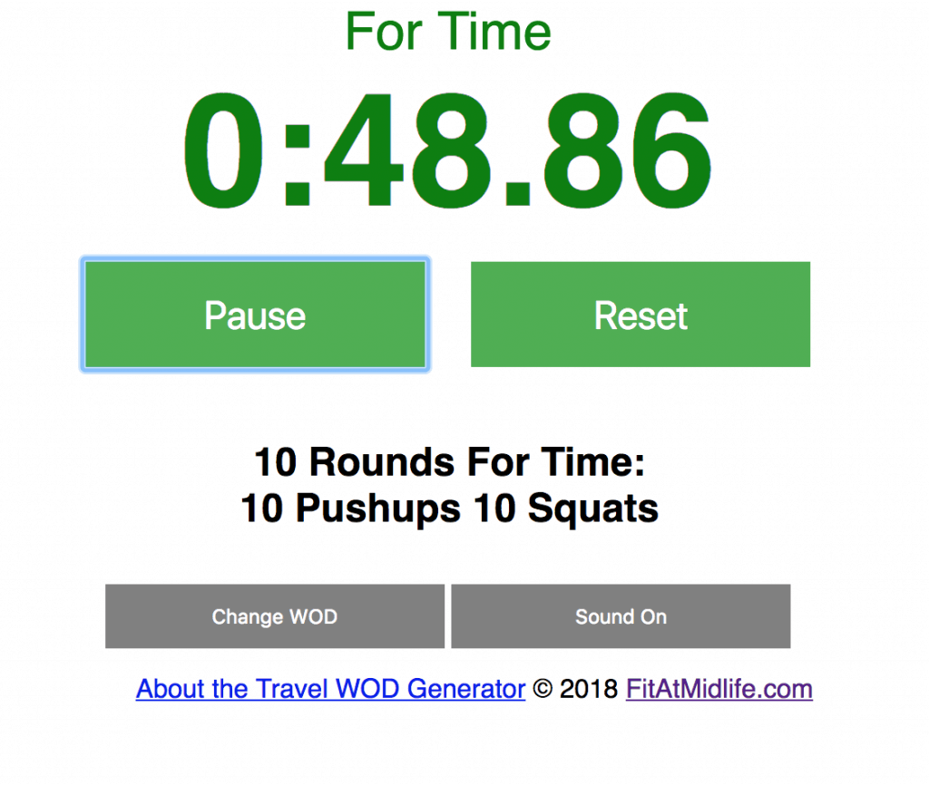 The FitAtMidlie Travel WOD Generator - generate a random WOD choice that is travel and hotel friendly. Includies built-in timer functions