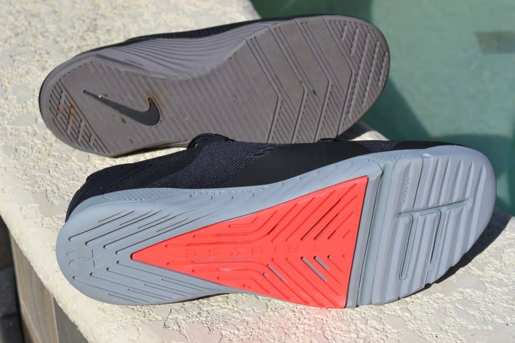 Soles of the Nike Metcon 5 versus the Under Armour TriBase Reign 2 - new cross trainer from UA for 2020 - great for CrossFit!