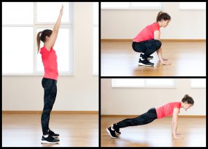 Young woman illustrating the positions of the burpee exercise - which is a great choice for Tabata
