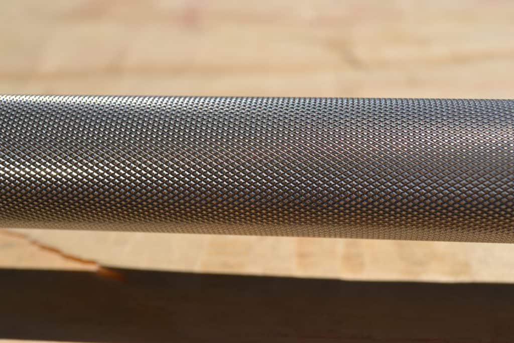 boneyard barbell from Rogue - knurl closeup