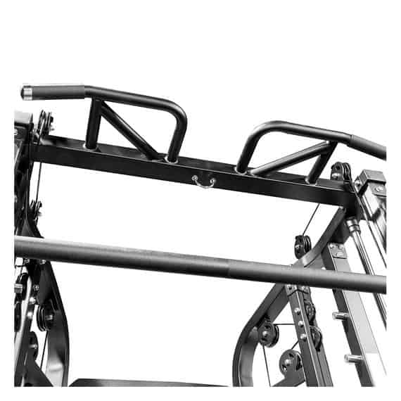 The ergonomic multi-grip pull-up bar of the Monster G6 Power Rack, Functional Trainer & Smith Machine Combo[