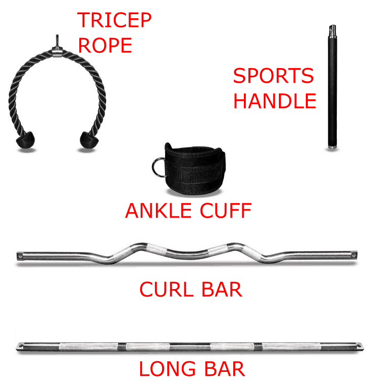 A complete set of handles or grips for use with a functional trainer cable machine includes a tricep rope, ankle cuff, curl bar, long bar, and ideally a sports handle which is great for simulating a bat or golf club, etc.