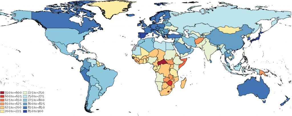 A map showing projected life expectancy by nation in the year 2040. The US life expectancy is projected to improve minimally between 2016 and 2040.