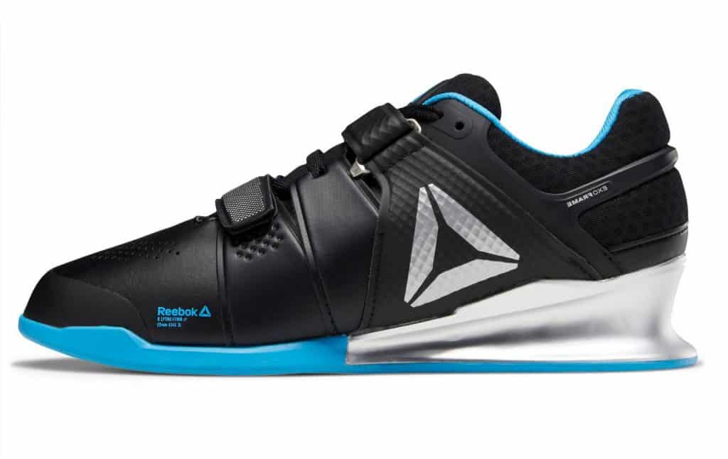 Reebok Legacy Lifter weightlifting shoe in black/bright cyan/matte silver.