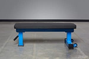 The Rep FB-4000 comp lite bench is an excellent design - made from 14 gauge steel it is rated to 700 lbs, and it comes in many colors - shown here in blue.