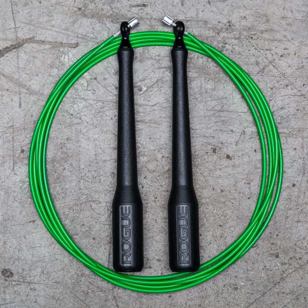 The Rogue Bushing Rope is a fixed length jump rope with bushings and a thicker cable - it's easier for beginners to use.