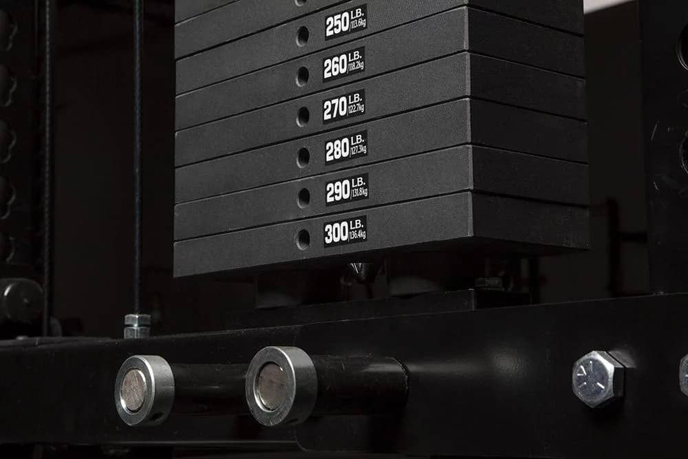 The selectorized weight stack of Rogue's Monster Lat Pulldown/Low Row machine.