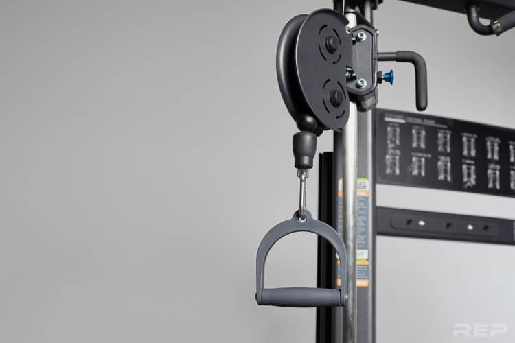 Close-up of the pulley and handle on the Victory Multi-Grip functional trainer