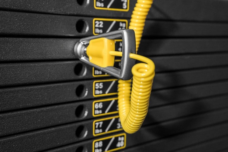 The selectorized weight stack on a functional trainer or cable machine - adjusting the weight is quick, precise, and easy.